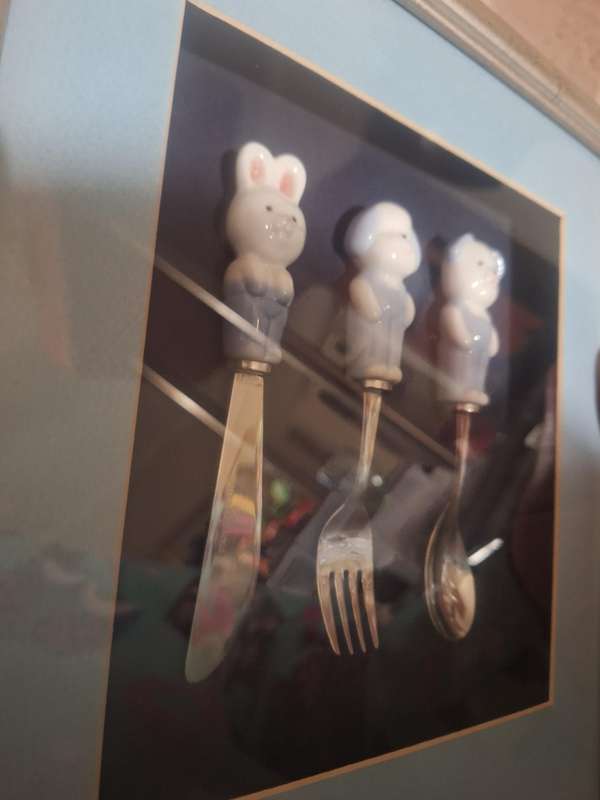 Vintage LILLIAN VERNON Childs Flatware Set Ceramic Handle Stainless Made in Japan framed