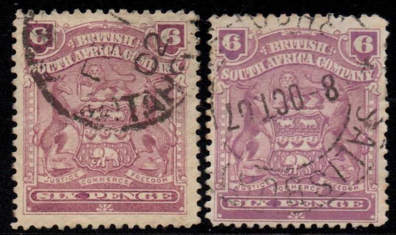 BSAC / Rhodesia - 1898-1908 Arms 6d purple and mauve Used SACC 75+76