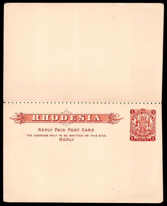BSAC / Rhodesia - 1896 Coat of Arms 1d Reply Paid Postcard Unused H&G 10