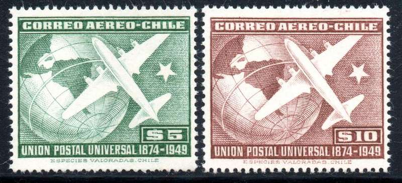 Chile - 1949 75th Anniversary of UPU $5 $10 Aircraft MNH