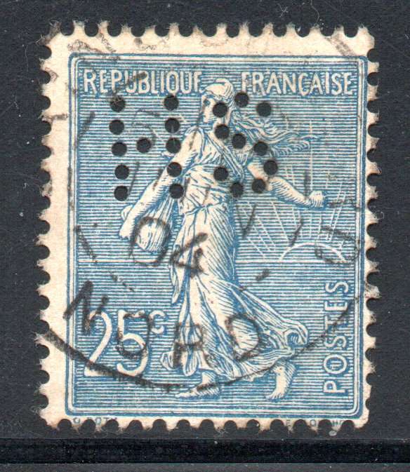 France - 1904 25c Perfin HS 70 Used
