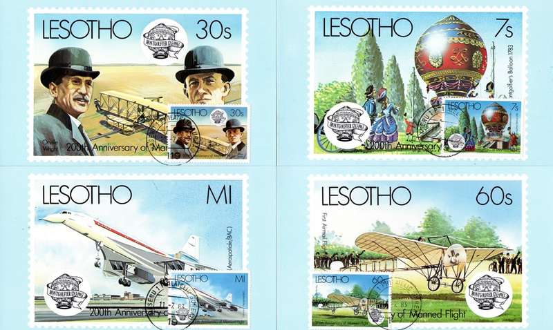 Lesotho - 1983 Bicentenary of Manned Flight Maxi Card Set SG 545-548
