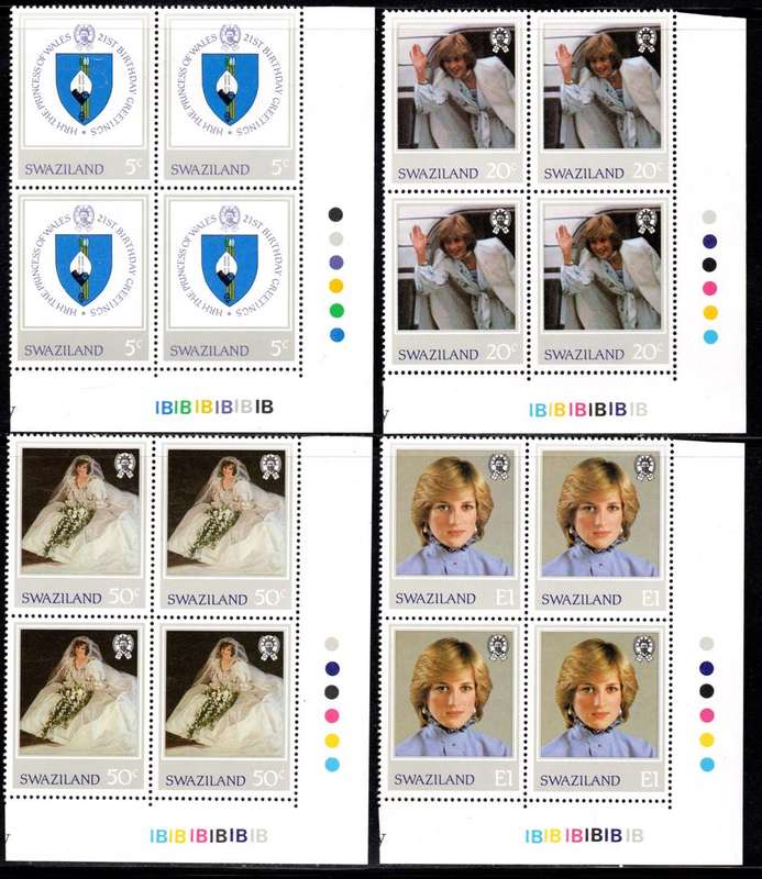 Swaziland - 1982 21st Birthday of Princess of Wales Plate Block Set MNH SG 404-407