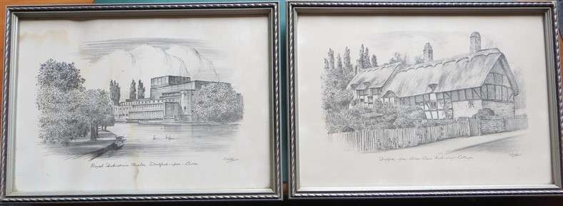 Pair of framed with glass sketch prints - Stratford upon Avon - Buy 1 get the watermarked one free