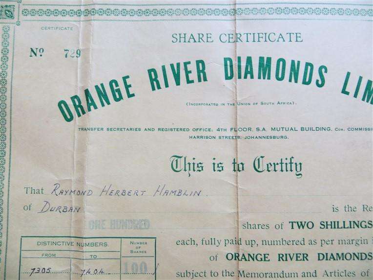 Orange River Diamonds Share Certificate (1947)