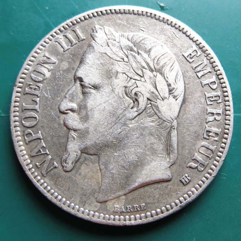 1869 France 5 Francs 90% Silver Crown Napoleon III 24.8gr