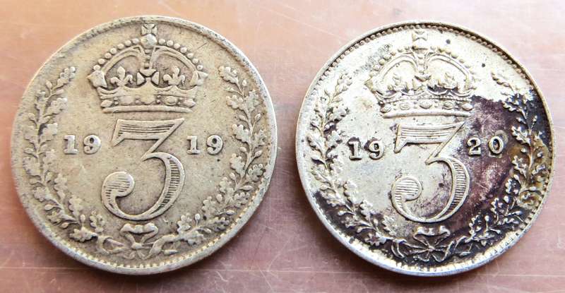 1919 + 1920 GB 3d Silver - 1 Bid for Both