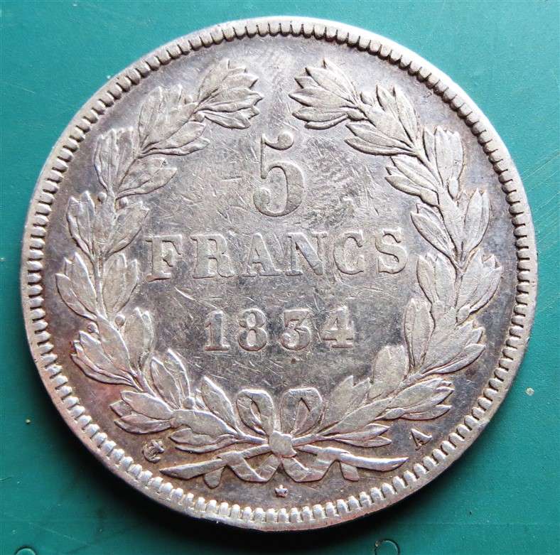 1834 France 90% 24.7gr Silver 5 Francs Crown Louis Philippe