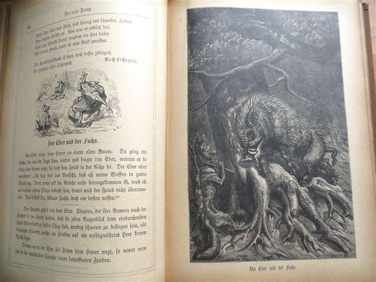 German Antique Aesop Fables Illustrated - Ernest Brisset - 3 pages loose