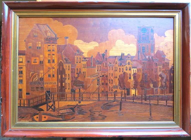 Vintage Large Framed marquetry Wood Inlay work
