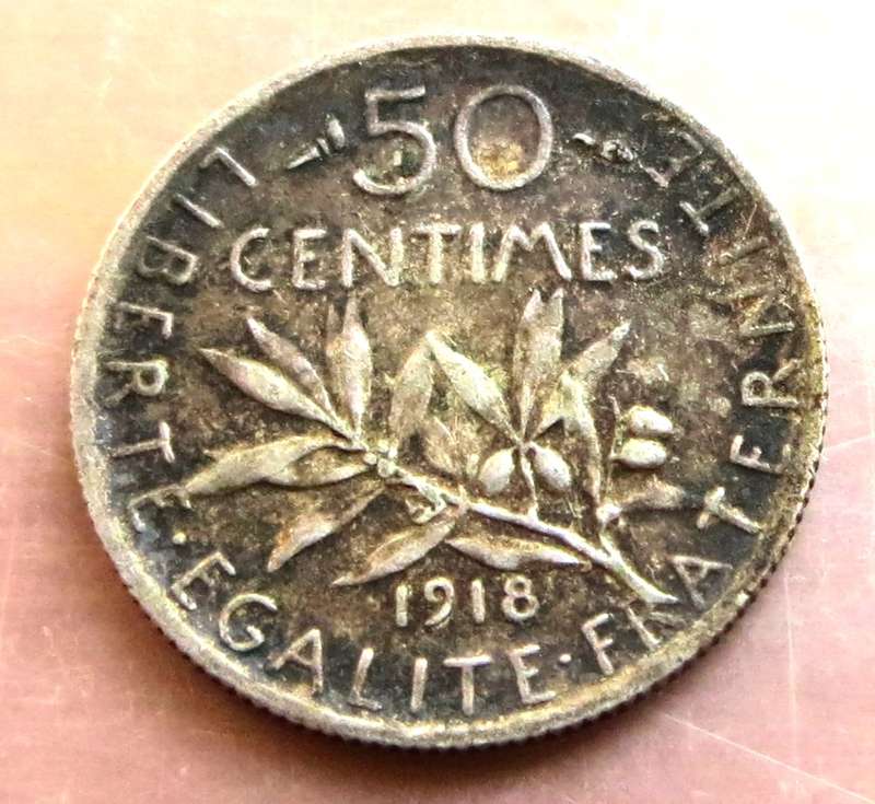 France 1918 50 Centimes Silver  Coin