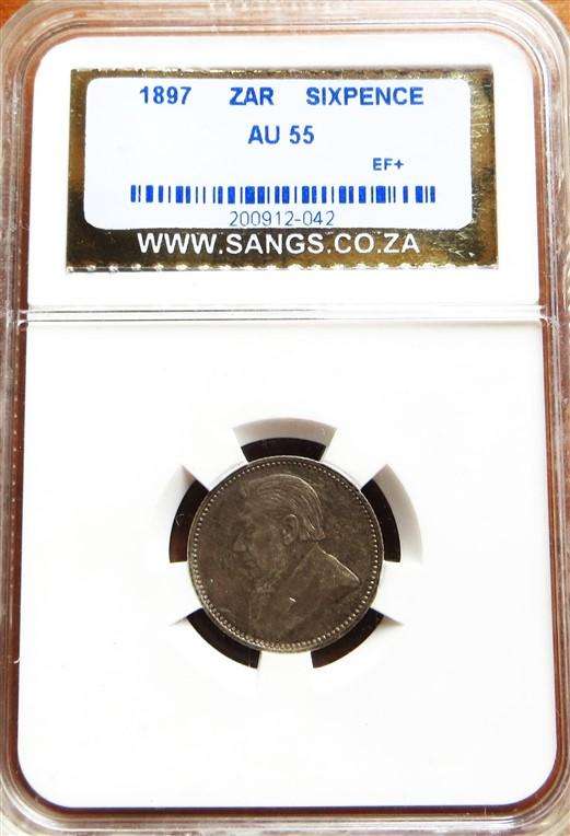 1897 ZAR Silver Sixpence 6d Graded AU55