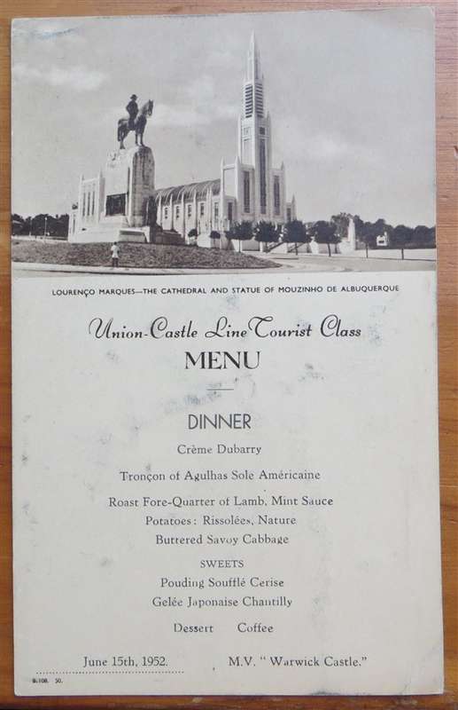 1952 Union Castle Line Menu - Lourenco Marques - Warwick Castle