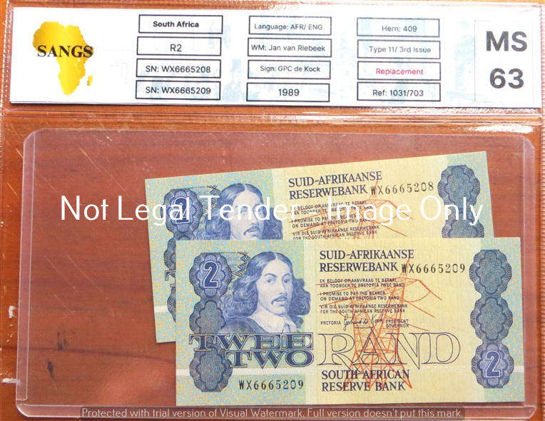 2 x Consecutive Number GPC De Kock R2 WX Replacement Notes Graded MS63