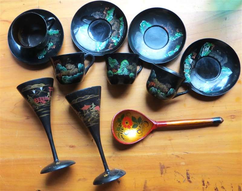 Vintage Japanese painted Cups Saucers Spoon