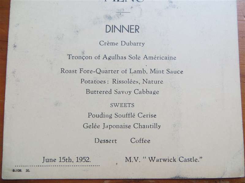 1952 Union Castle Line Menu - Lourenco Marques - Warwick Castle