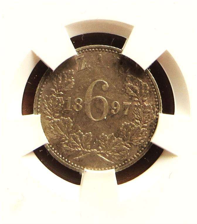 1897 ZAR Silver Sixpence 6d Graded AU55