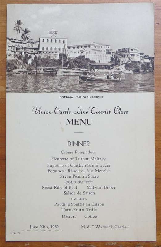 1952 Union Castle Line Menu - Mombasa - Warwick Castle