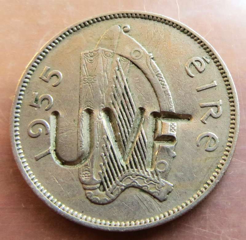 1955 Ireland 2 Shillings Florin with UVF Overstamp - Ulster Volunteer Force