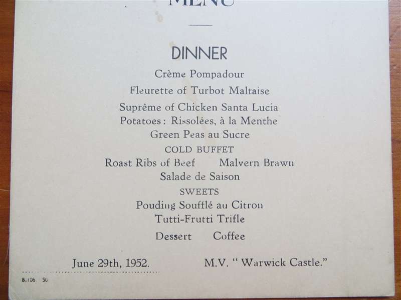 1952 Union Castle Line Menu - Mombasa - Warwick Castle