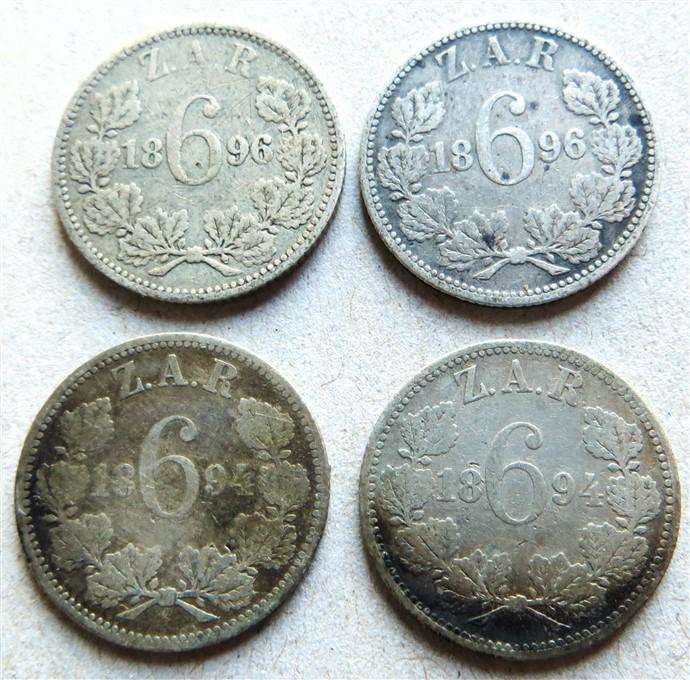 4 x 1894+1896 ZAR 6d Sixpence - Silver 92.5% - Bid per Each coin