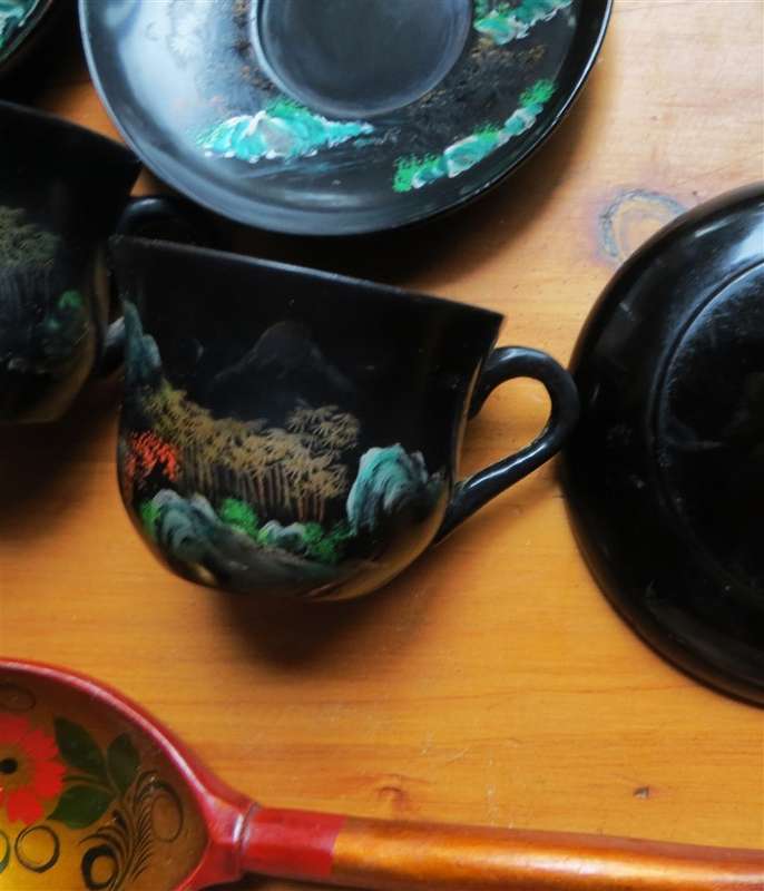 Vintage Japanese painted Cups Saucers Spoon