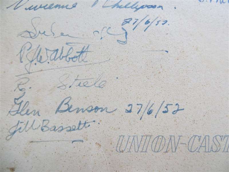 1952 Union Castle Line Menu - Autographed - Warwick Castle
