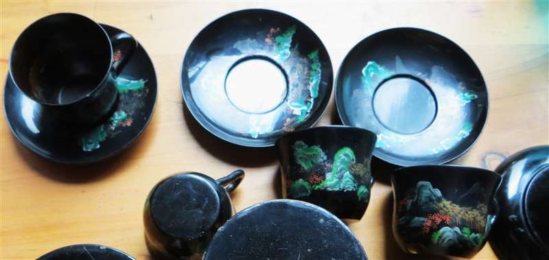 Vintage Japanese painted Cups Saucers Spoon