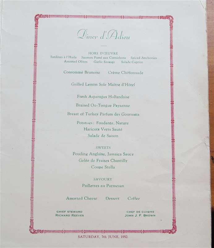 1952 Union Castle Line Menu - Autographed - Warwick Castle
