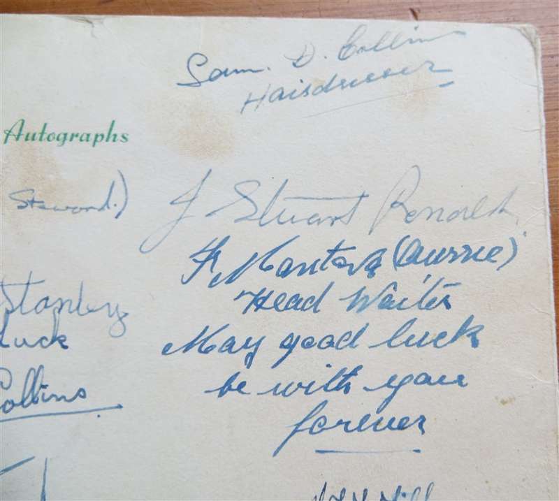 1952 Union Castle Line Menu - Autographed - Warwick Castle