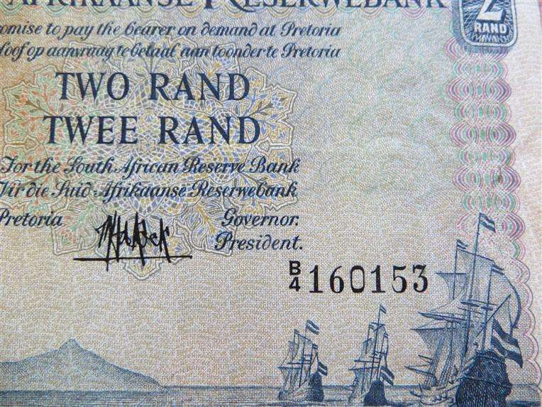 MH De Kock Two Rand Note B4 #160153