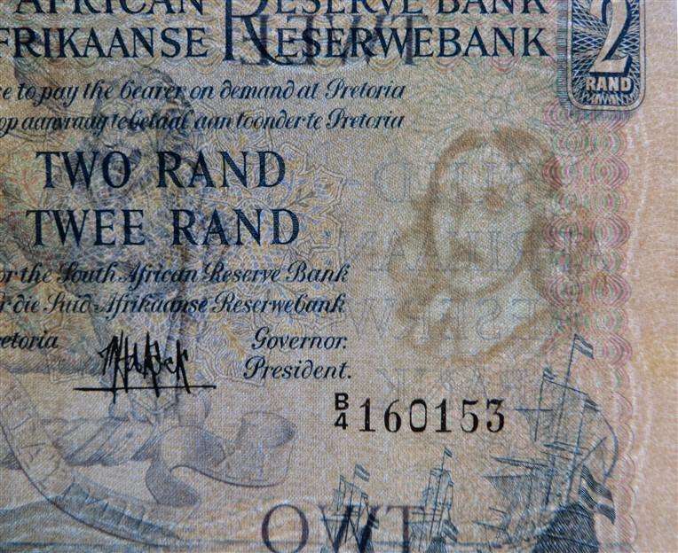 MH De Kock Two Rand Note B4 #160153