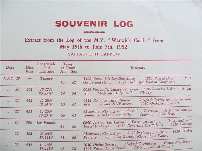 1952 Union Castle Line Menu - Warwick Castle