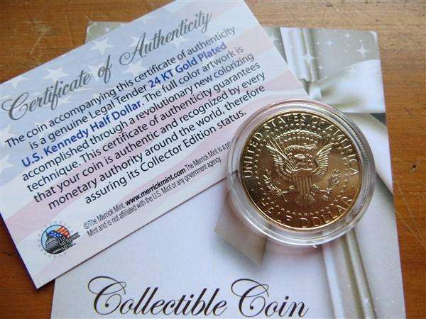 US Gold Plated & Colourized Half Dollar + Certificate