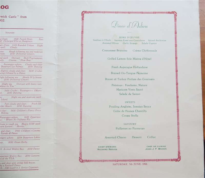 1952 Union Castle Line Menu - Warwick Castle