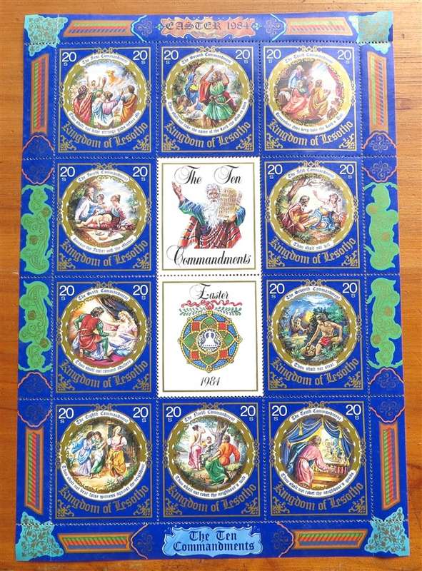 Kingdom of Lesotho - 10 Commandments Full Sheet - foxing/spotting on gum