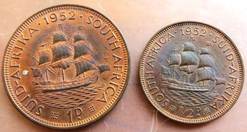 1952 SA Union 1d Penny + Half Penny 1/2d Coins