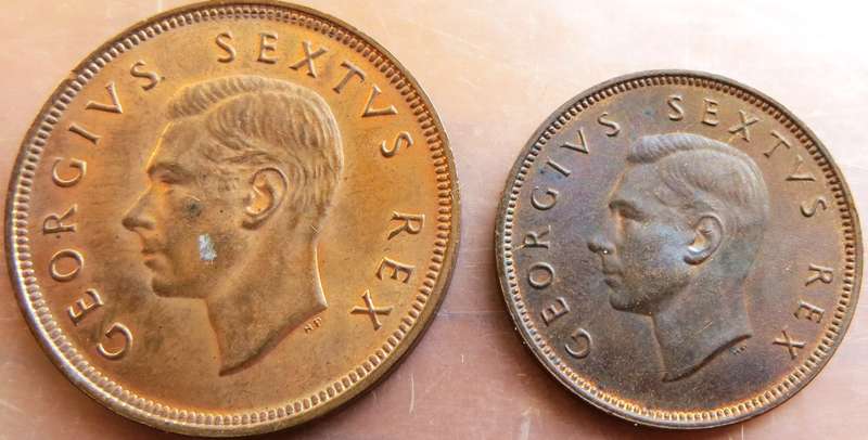 1952 SA Union 1d Penny + Half Penny 1/2d Coins