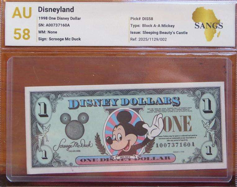 1998 Disney 1 Dollar - SANGS Graded AU58 - Mickey Mouse