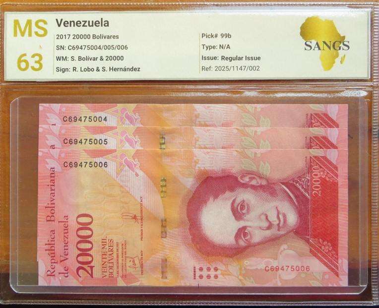 3 x Venezuela MS63 SANGS Graded Consecutive No. 20 000 Bolivares
