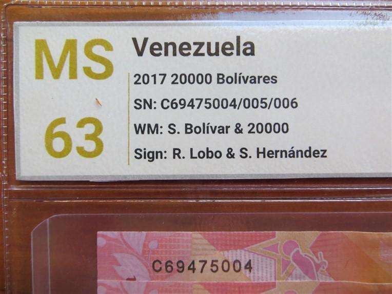 3 x Venezuela MS63 SANGS Graded Consecutive No. 20 000 Bolivares