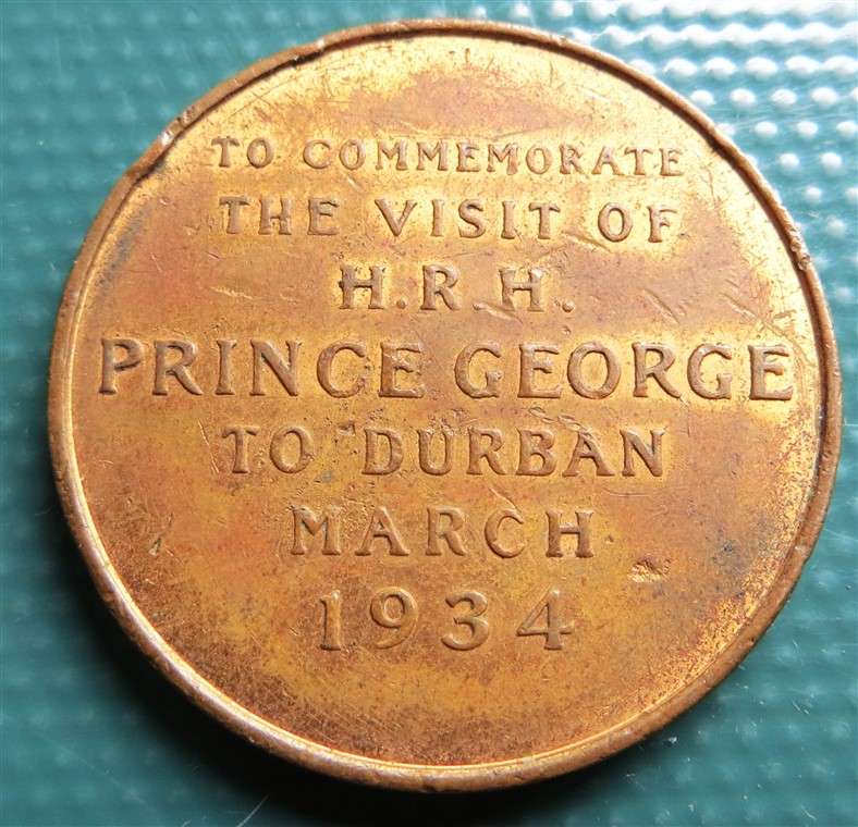 1934 Commemorative Medallion - Prince George visit to Durban