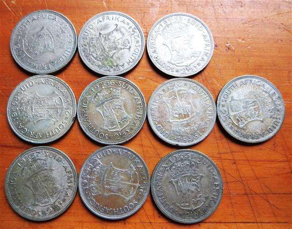 10 x SA Union 2/6 Half Crown Silver 139.6gr - 1 Bid for All