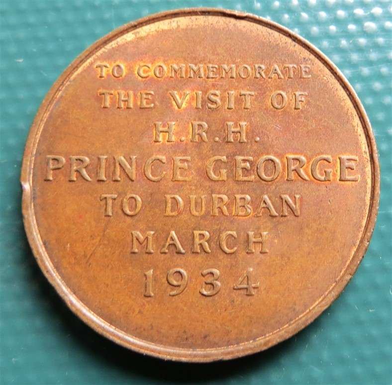 1934 Commemorative Medallion - Prince George visit to Durban
