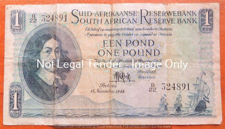 Nov 1948 De Kock One Pound Note B22 #324891