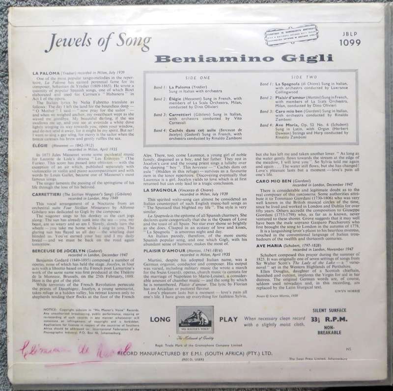 Jewels of Song - Beniamino Gigli - His Masters Voice Vintage Vinyl LP - VG