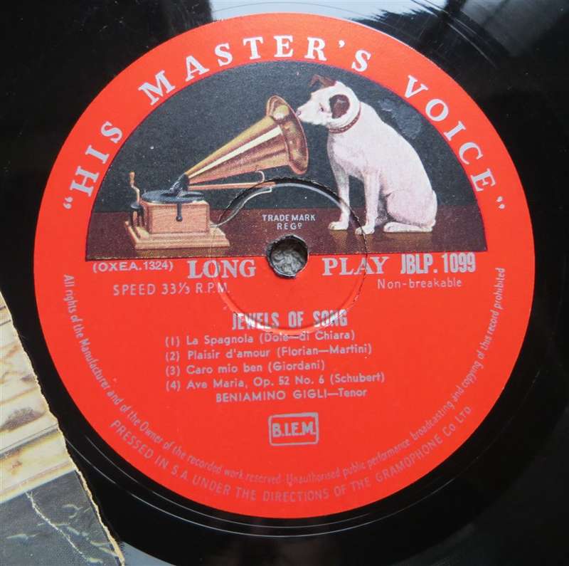 Jewels of Song - Beniamino Gigli - His Masters Voice Vintage Vinyl LP - VG