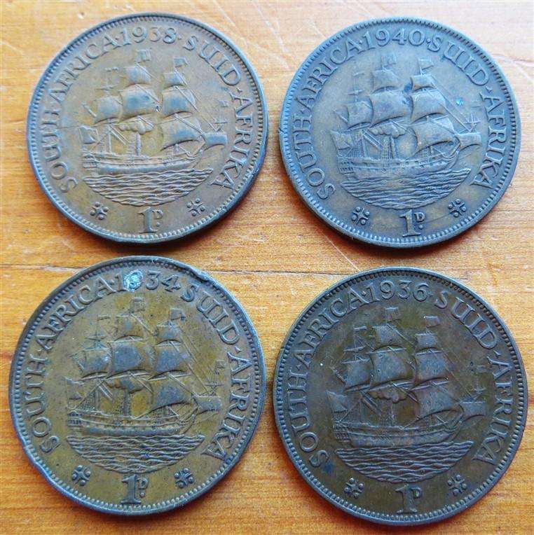 4 x 1934/36/38/40 SA Union 1d Pennies - 1 Bid for All