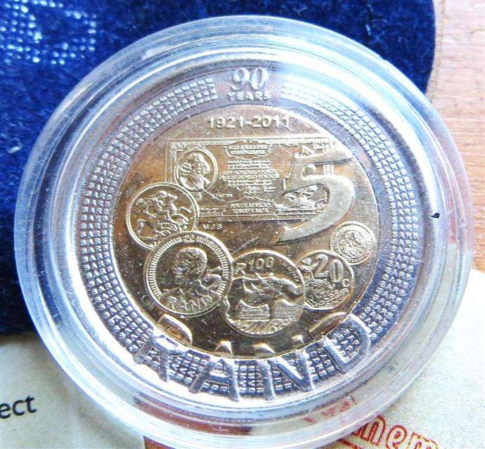 2011 90th Anniv. R5 SA Mint Coin in Capsule,Bag + Cert. as pictured