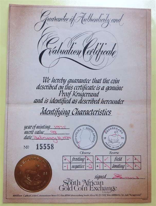 Proof Kruger Rand Certificate